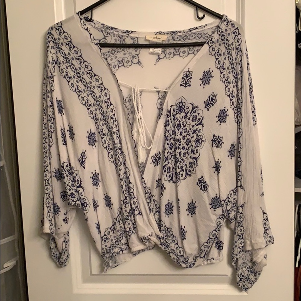 Blue and white “peasant” crop top blouse